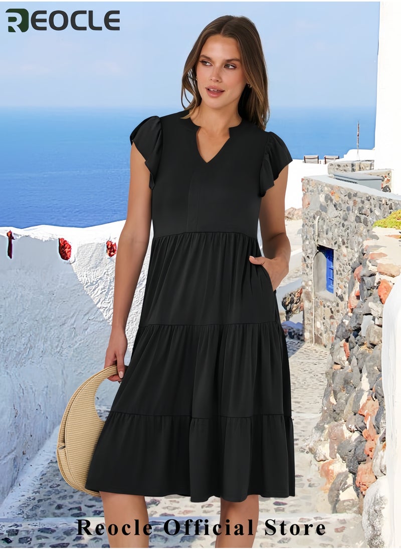 Womens Summer Dress Ruffle Sleeve V Neck Midi Dresses Fashion Casual Fit Flowy Tiered Boho Beach Vacation Sundress