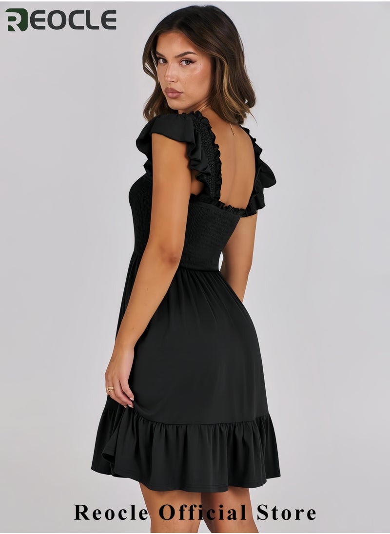 Women's Summer Casual Sleeveless Square Neck Dress Smocked Ruffle Backless Boho Beach Cute Teen Short Sundress