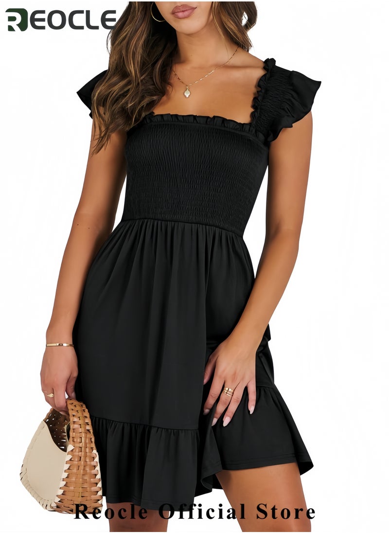 Women's Summer Casual Sleeveless Square Neck Dress Smocked Ruffle Backless Boho Beach Cute Teen Short Sundress