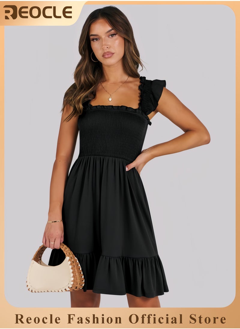 Women's Summer Casual Sleeveless Square Neck Dress Smocked Ruffle Backless Boho Beach Cute Teen Short Sundress