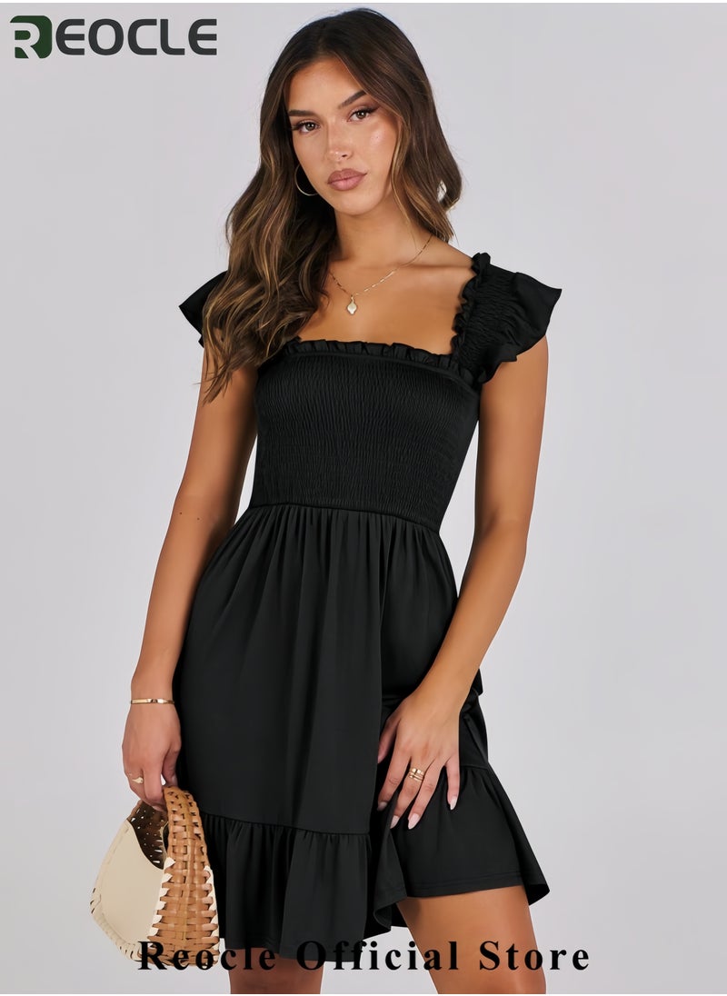 Women's Summer Casual Sleeveless Square Neck Dress Smocked Ruffle Backless Boho Beach Cute Teen Short Sundress