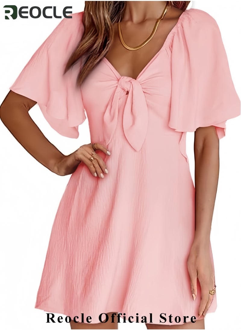 Womens Dresses Spring Summer Deep V Neck Elegant Bow tie Mini Dress S-XL