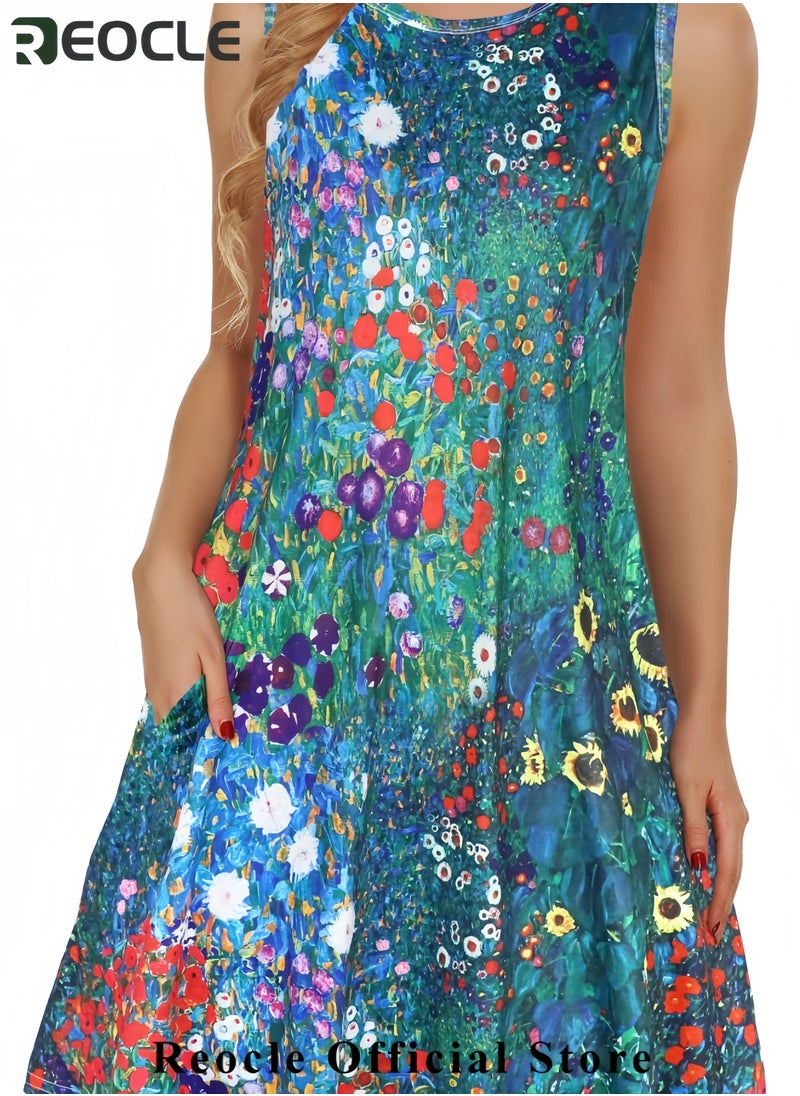 Women's Summer Dresses Beach Casual Sleeveless Floral Print Tank Loose Sundress with Pocket