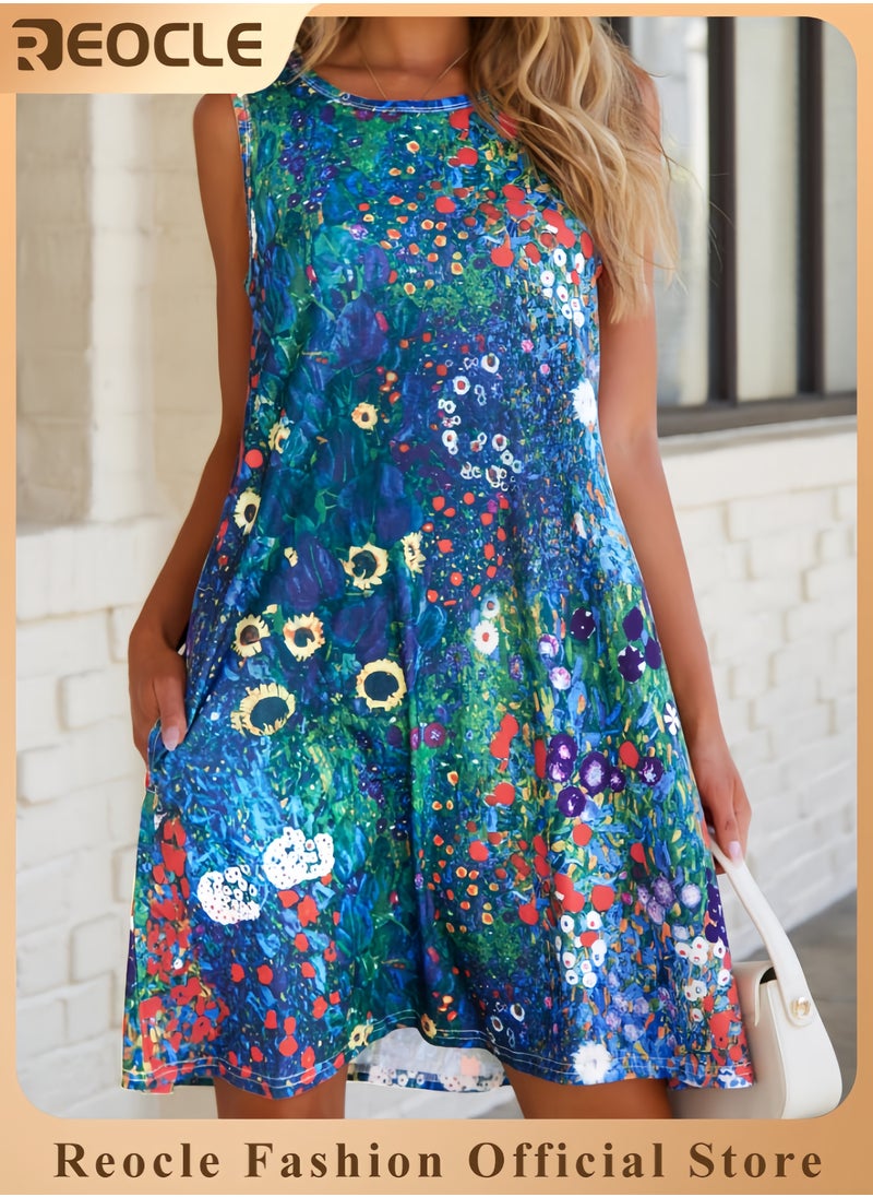 Women's Summer Dresses Beach Casual Sleeveless Floral Print Tank Loose Sundress with Pocket