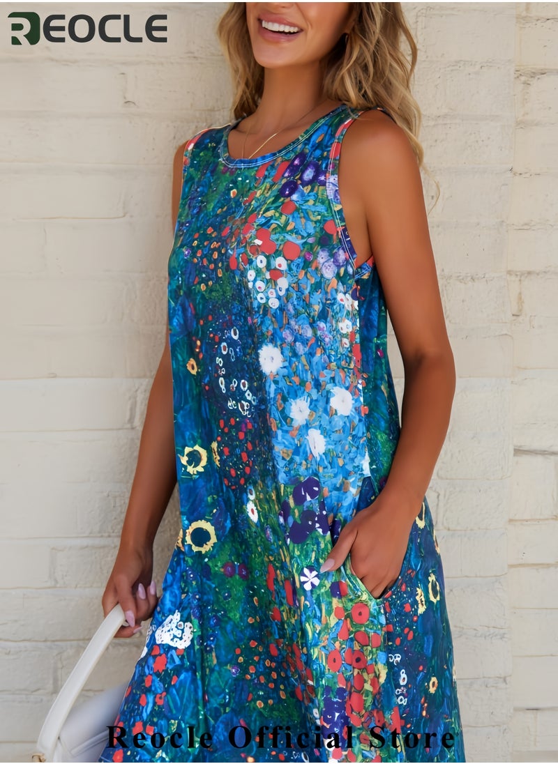 Women's Summer Dresses Beach Casual Sleeveless Floral Print Tank Loose Sundress with Pocket