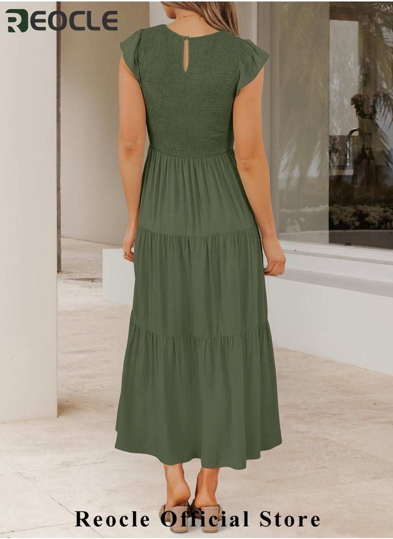 Women's Summer Casual Flutter Short Sleeve Crew Neck Smocked Elastic Waist Tiered Midi Dress