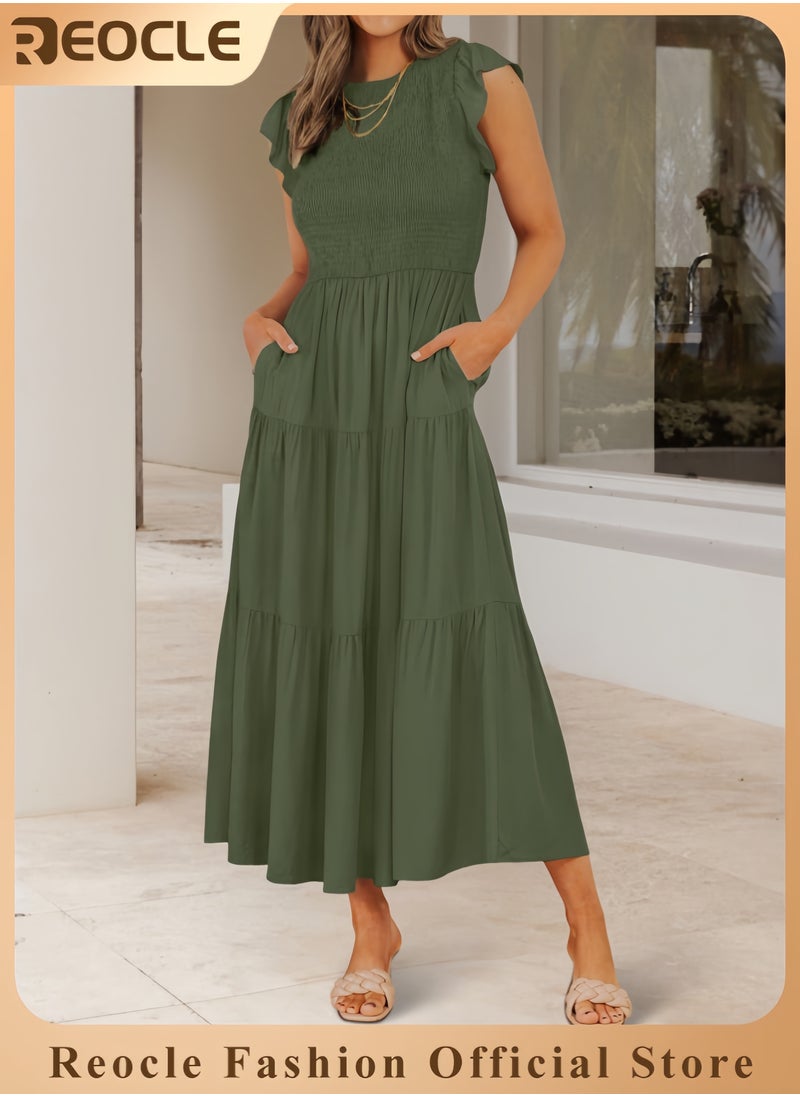 Women's Summer Casual Flutter Short Sleeve Crew Neck Smocked Elastic Waist Tiered Midi Dress