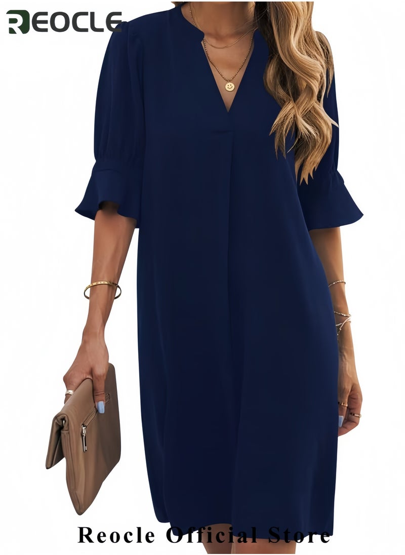 Shift Dress for Women V Neck Short Sleeves Solid Color Casual Flowy Summer Dresses