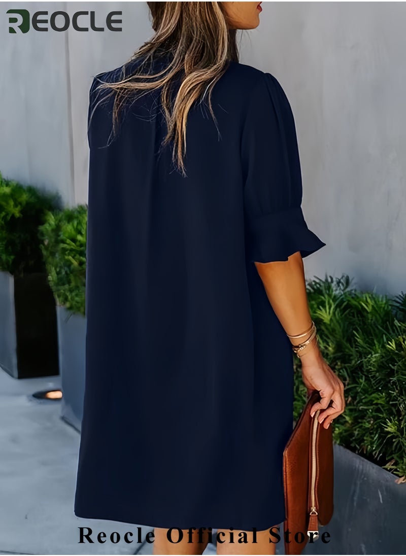 Shift Dress for Women V Neck Short Sleeves Solid Color Casual Flowy Summer Dresses