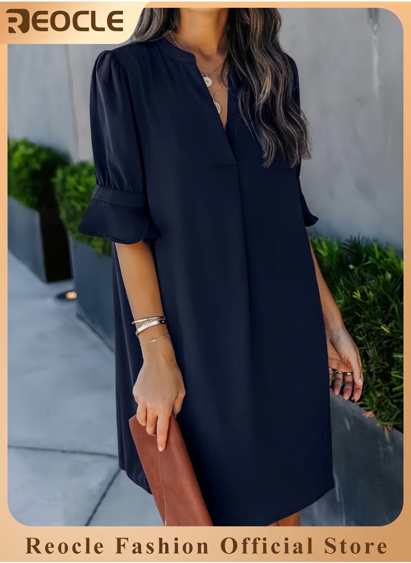 Shift Dress for Women V Neck Short Sleeves Solid Color Casual Flowy Summer Dresses