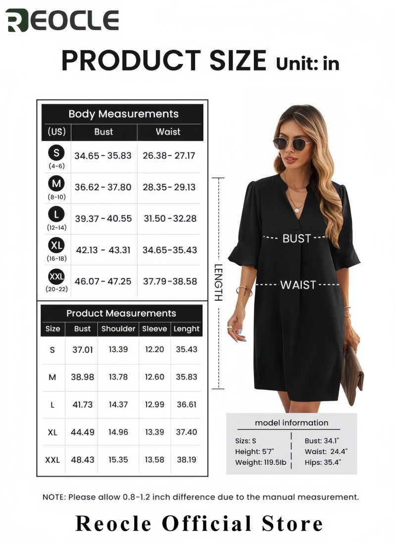 Shift Dress for Women V Neck Short Sleeves Solid Color Casual Flowy Summer Dresses