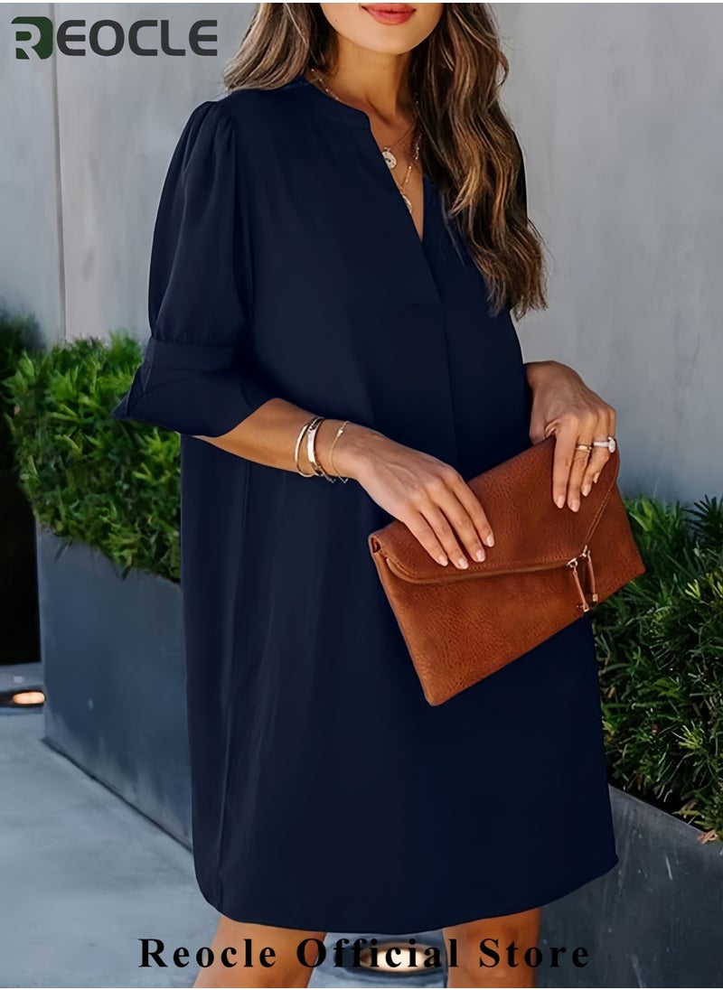 Shift Dress for Women V Neck Short Sleeves Solid Color Casual Flowy Summer Dresses
