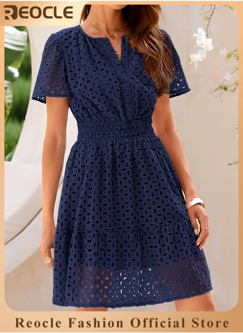 Womens Summer Short Dress V Neck Short Sleeve A Line Hollow Out Lace Ruffle Cute Casual Beach Party Dresses