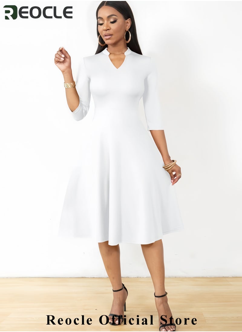 Casual Dresses for Women Semi Formal Fit and Flare 3/4 Sleeve A-line Church Work Dress with Pockets