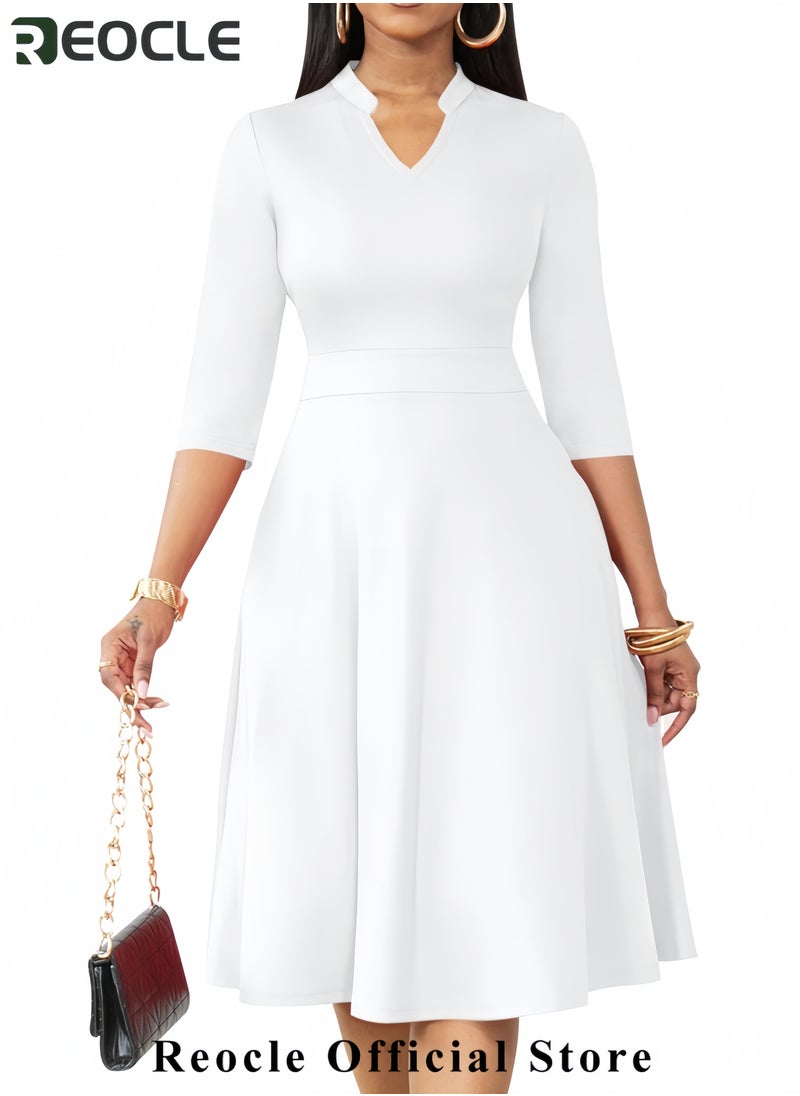 Casual Dresses for Women Semi Formal Fit and Flare 3/4 Sleeve A-line Church Work Dress with Pockets