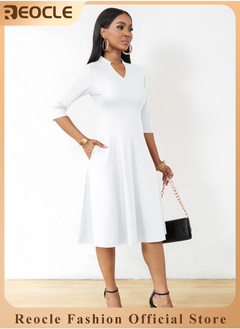 Casual Dresses for Women Semi Formal Fit and Flare 3/4 Sleeve A-line Church Work Dress with Pockets