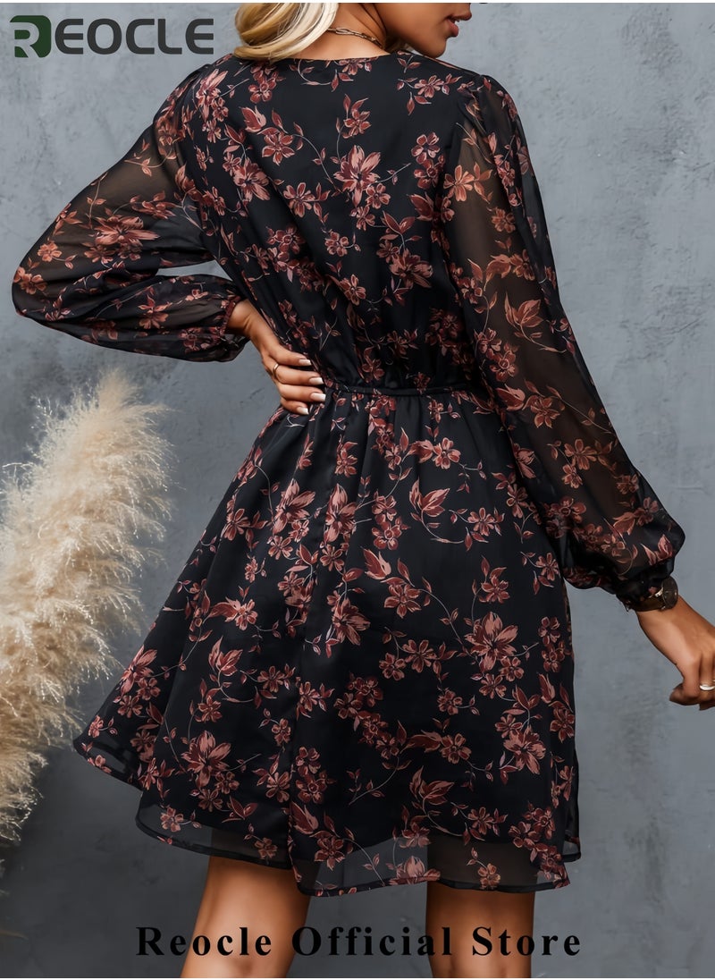 Women's Mini Dresses Casual Spring V Neck Chiffon Long Peasant Sleeves Flowy Summer Dress