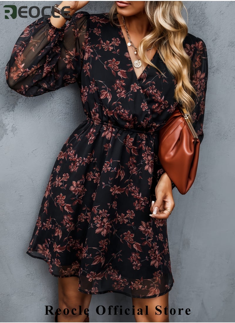 Women's Mini Dresses Casual Spring V Neck Chiffon Long Peasant Sleeves Flowy Summer Dress