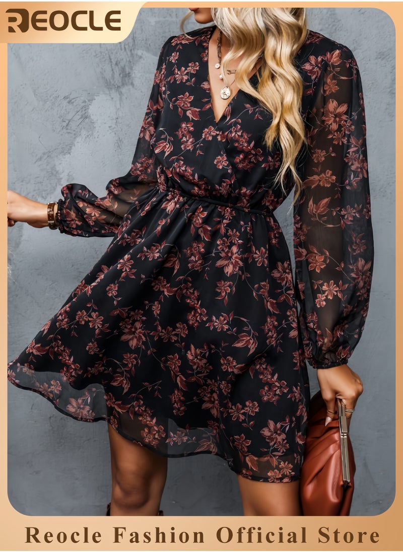 Women's Mini Dresses Casual Spring V Neck Chiffon Long Peasant Sleeves Flowy Summer Dress