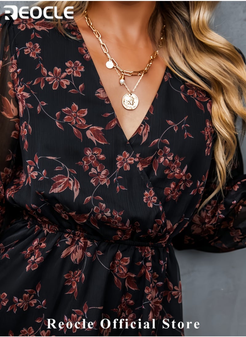 Women's Mini Dresses Casual Spring V Neck Chiffon Long Peasant Sleeves Flowy Summer Dress