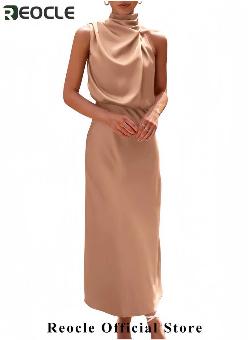 Women's Summer Satin Dress Elegant Sleeveless Mock Neck Cocktail Party Maxi Dresses