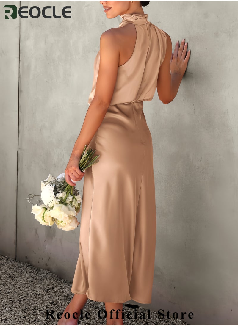Women's Summer Satin Dress Elegant Sleeveless Mock Neck Cocktail Party Maxi Dresses