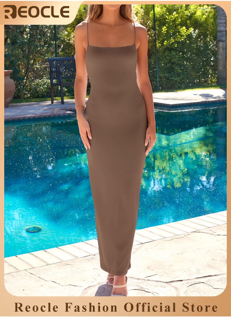 Womens Summer Casual Slip Dresses Spaghetti Strap Bodycon Maxi Dress