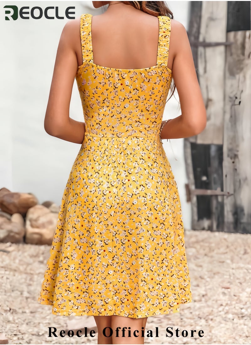 Women's Summer Casual Square Neck Dress with Pocket Cute Sleeveless High Waist A-line Sundress Midi Dresses