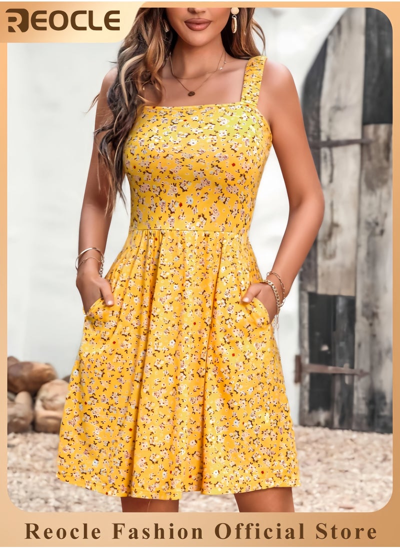 Women's Summer Casual Square Neck Dress with Pocket Cute Sleeveless High Waist A-line Sundress Midi Dresses