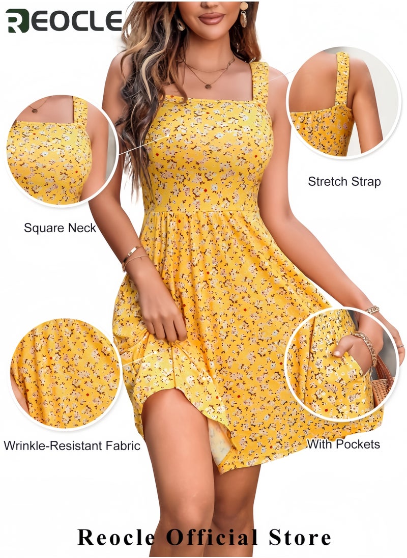 Women's Summer Casual Square Neck Dress with Pocket Cute Sleeveless High Waist A-line Sundress Midi Dresses