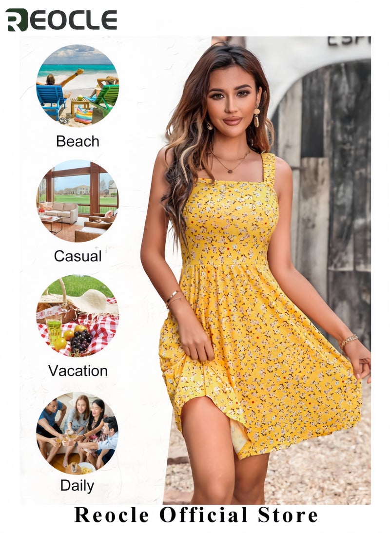 Women's Summer Casual Square Neck Dress with Pocket Cute Sleeveless High Waist A-line Sundress Midi Dresses