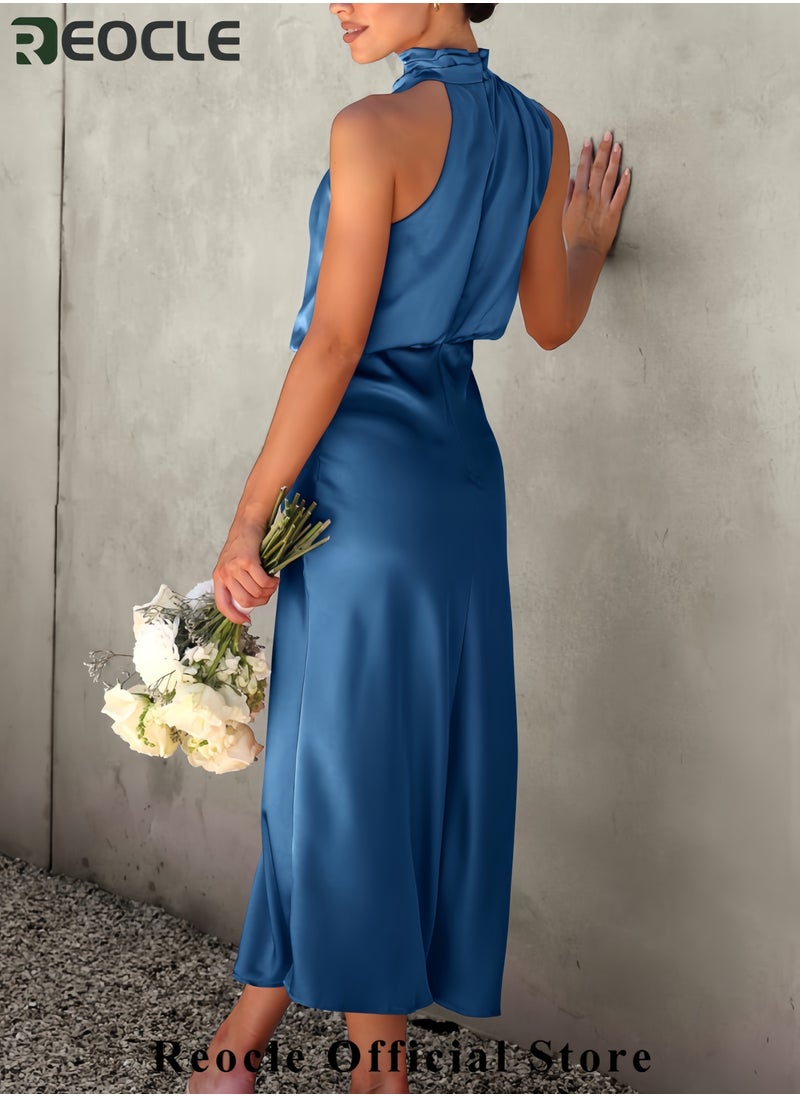 Women's Summer Satin Dress Elegant Sleeveless Mock Neck Cocktail Party Maxi Dresses