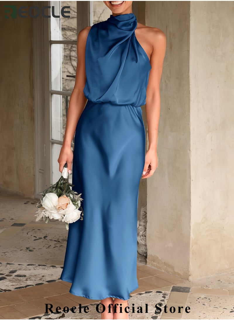 Women's Summer Satin Dress Elegant Sleeveless Mock Neck Cocktail Party Maxi Dresses
