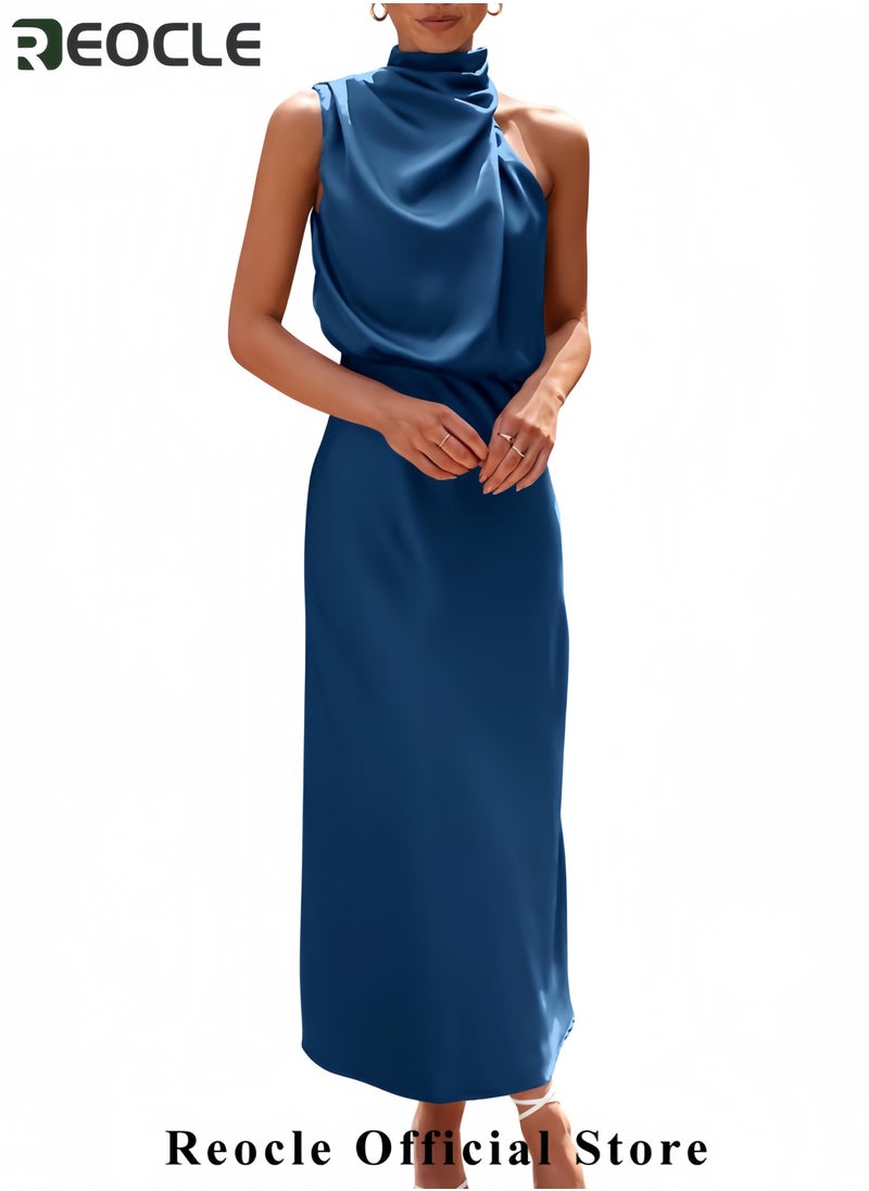 Women's Summer Satin Dress Elegant Sleeveless Mock Neck Cocktail Party Maxi Dresses