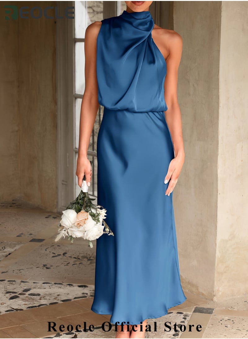 Women's Summer Satin Dress Elegant Sleeveless Mock Neck Cocktail Party Maxi Dresses