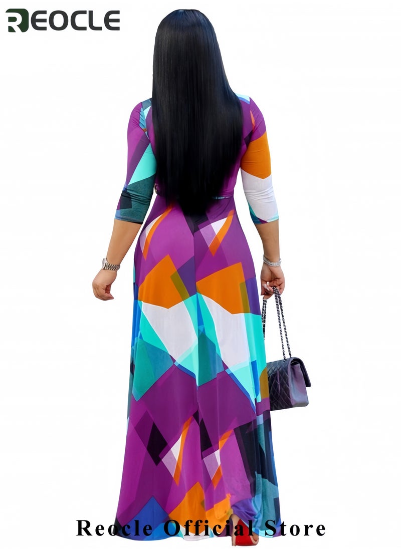 Plus Size Maxi Dress for Women Casual Summer Sundress V-Neck 3/4 Sleeve