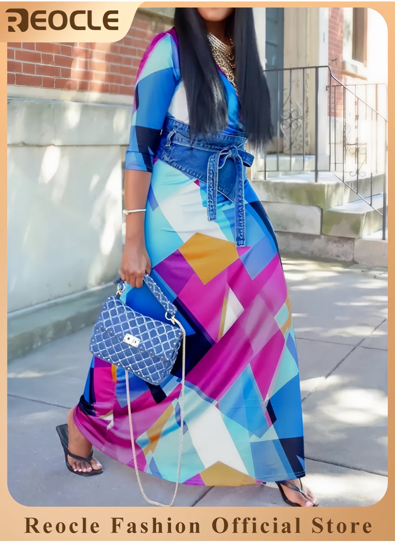 Plus Size Maxi Dress for Women Casual Summer Sundress V-Neck 3/4 Sleeve