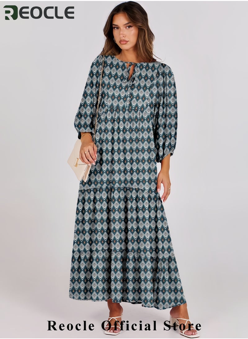 Womens Boho Maxi Dresses Summer V Neck Puff Sleeve Floral Flowy Swing Casual Long Dress