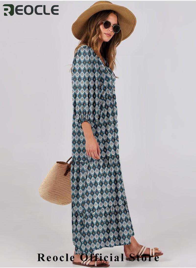 Womens Boho Maxi Dresses Summer V Neck Puff Sleeve Floral Flowy Swing Casual Long Dress