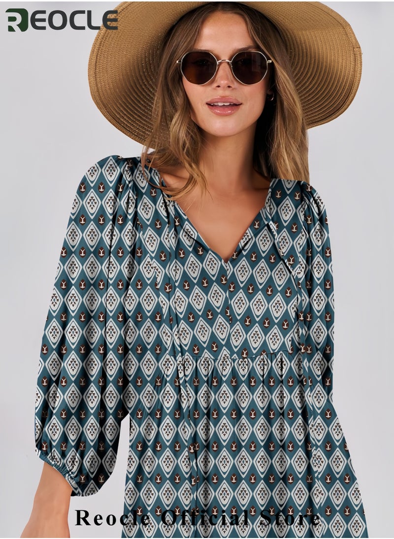 Womens Boho Maxi Dresses Summer V Neck Puff Sleeve Floral Flowy Swing Casual Long Dress