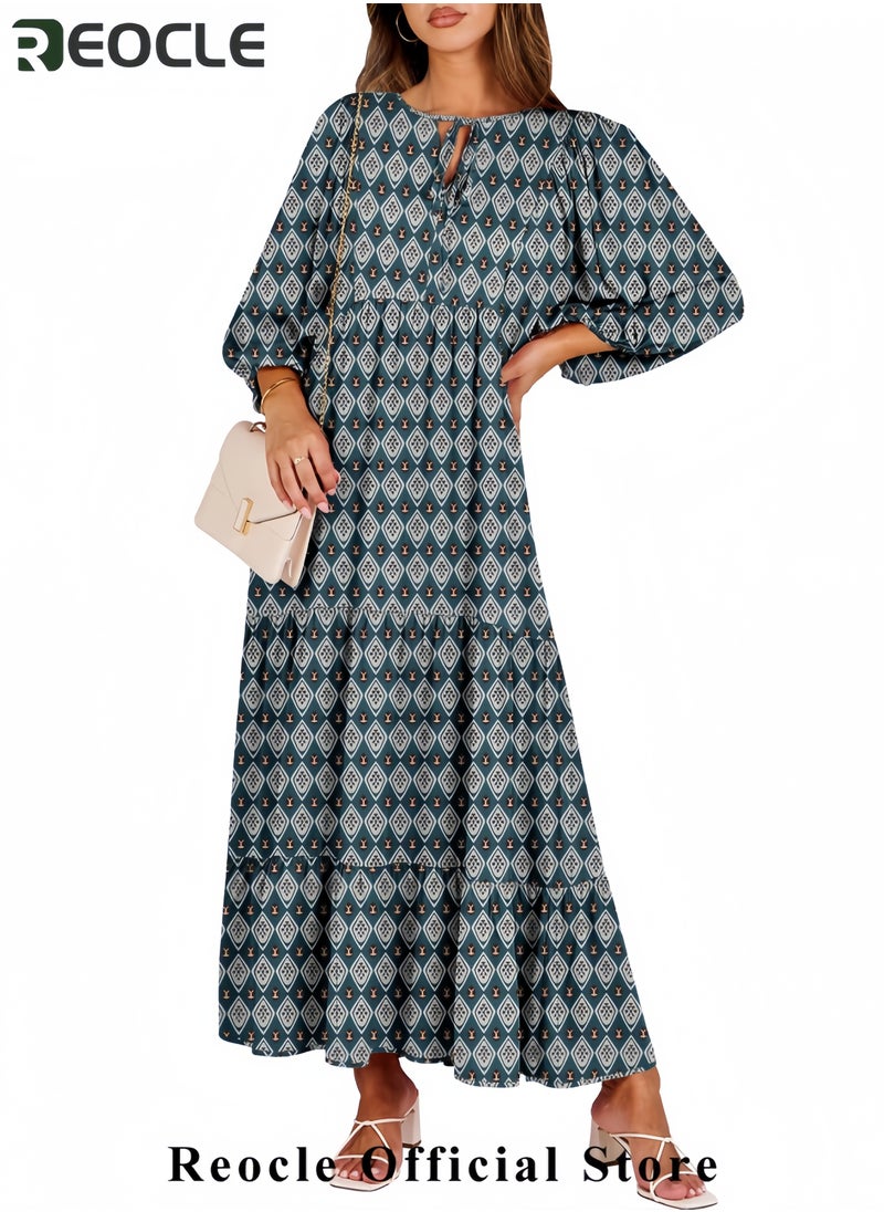 Womens Boho Maxi Dresses Summer V Neck Puff Sleeve Floral Flowy Swing Casual Long Dress
