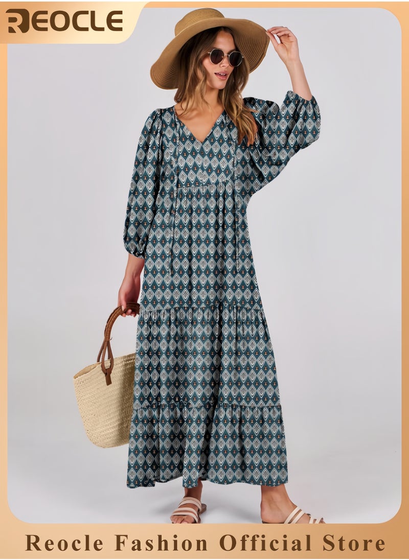 Womens Boho Maxi Dresses Summer V Neck Puff Sleeve Floral Flowy Swing Casual Long Dress