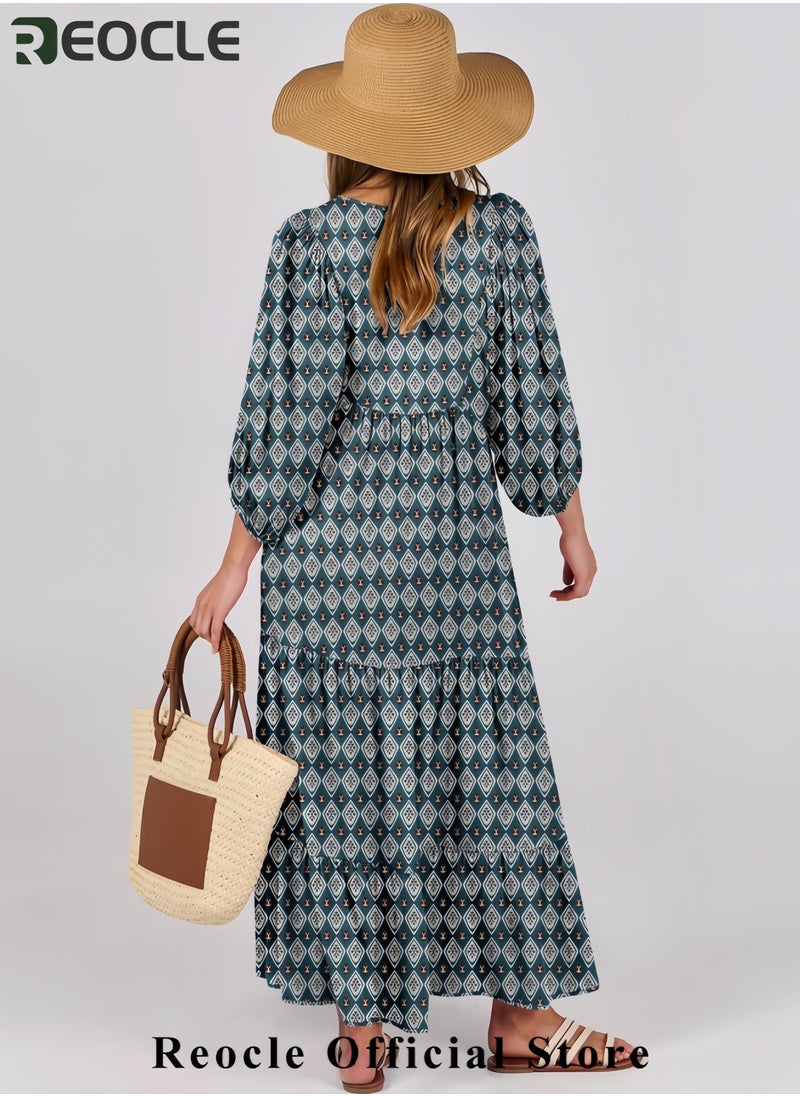 Womens Boho Maxi Dresses Summer V Neck Puff Sleeve Floral Flowy Swing Casual Long Dress
