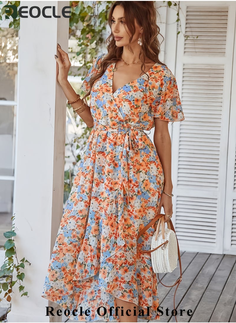 Women's Summer Floral Boho Dress Wrap V Neck Short Sleeve Ruffle A-Line Flowy Maxi Wedding Guest Dresses