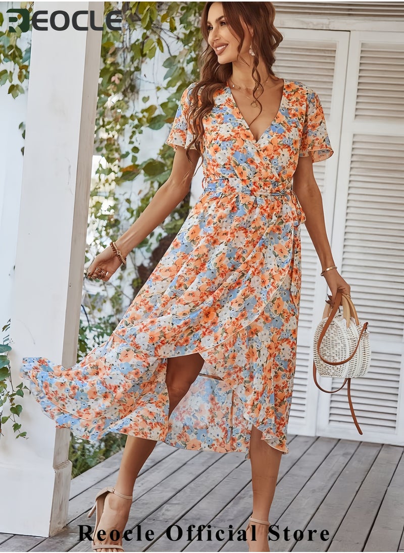 Women's Summer Floral Boho Dress Wrap V Neck Short Sleeve Ruffle A-Line Flowy Maxi Wedding Guest Dresses