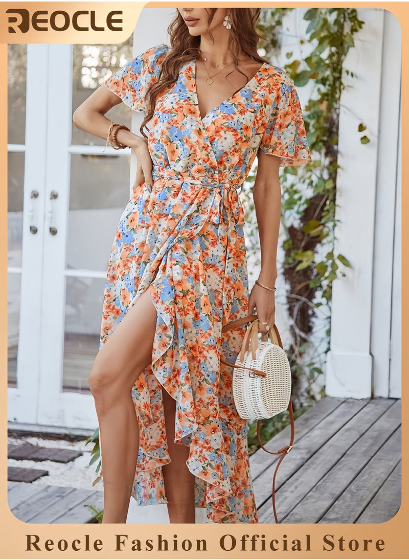 Women's Summer Floral Boho Dress Wrap V Neck Short Sleeve Ruffle A-Line Flowy Maxi Wedding Guest Dresses