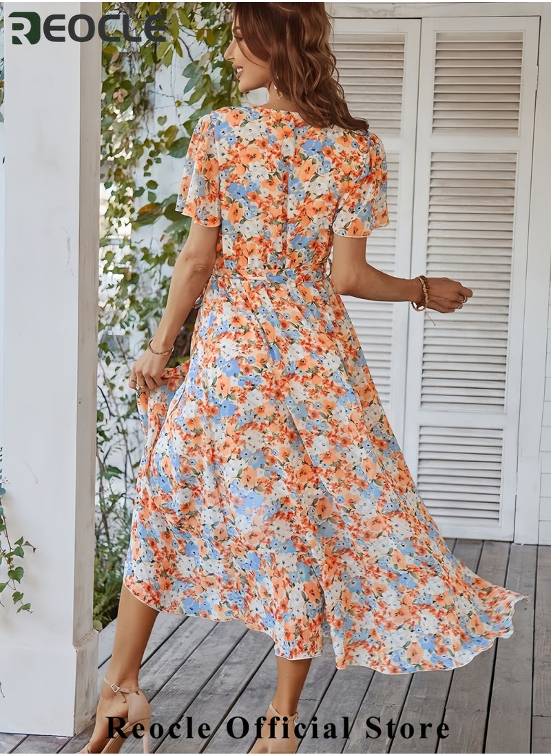 Women's Summer Floral Boho Dress Wrap V Neck Short Sleeve Ruffle A-Line Flowy Maxi Wedding Guest Dresses