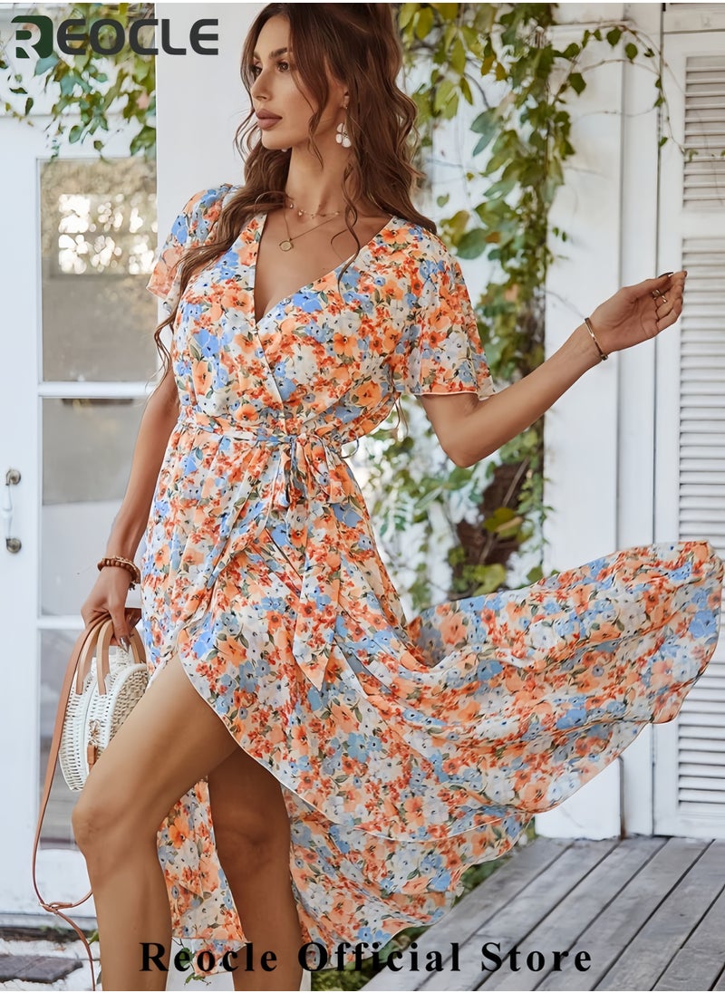 Women's Summer Floral Boho Dress Wrap V Neck Short Sleeve Ruffle A-Line Flowy Maxi Wedding Guest Dresses