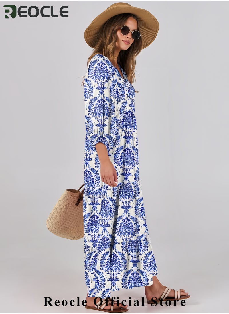 Womens Boho Maxi Dresses Summer V Neck Puff Sleeve Floral Flowy Swing Casual Long Dress