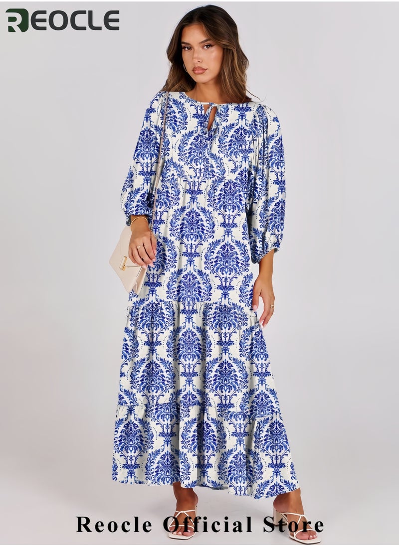 Womens Boho Maxi Dresses Summer V Neck Puff Sleeve Floral Flowy Swing Casual Long Dress